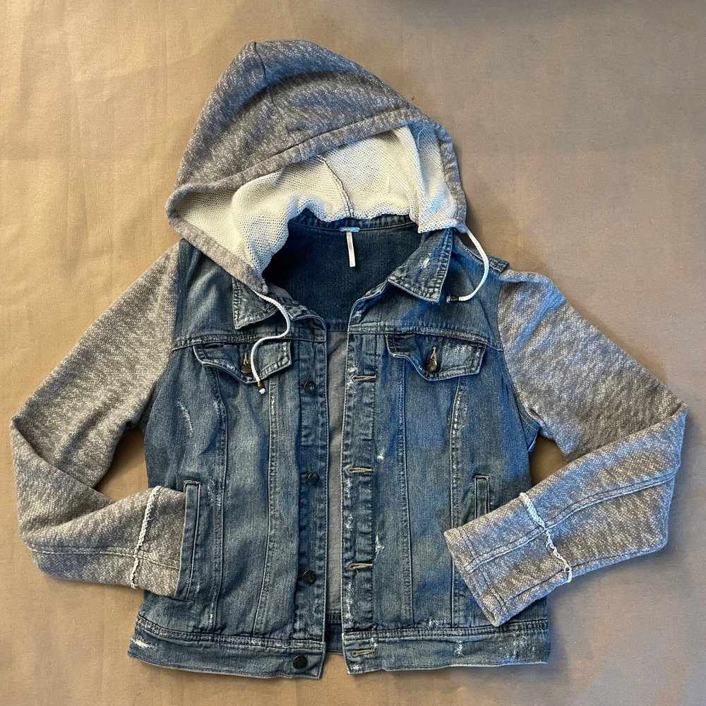 Free People Knit Hooded Denim Jacket Size L Distressed Jean Jacket Tomboy Edgy - Picture 7 of 14